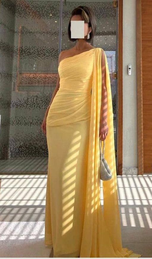 Superbe robe de soirée sirène asymétrique en mousseline jaune, tenue de soirée formelle pour invités de mariage, DP2119