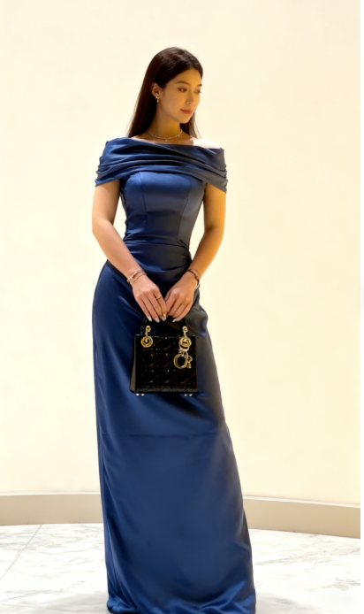 Elegant Sheath Off The Shoulder Navy Blue Satin Prom Dresses Formal Summer Wedding Guest Dresses Wedding Guest Outfits DP2125