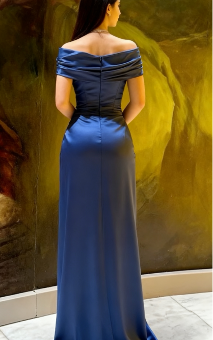 Elegant Sheath Off The Shoulder Navy Blue Satin Prom Dresses Formal Summer Wedding Guest Dresses Wedding Guest Outfits DP2125