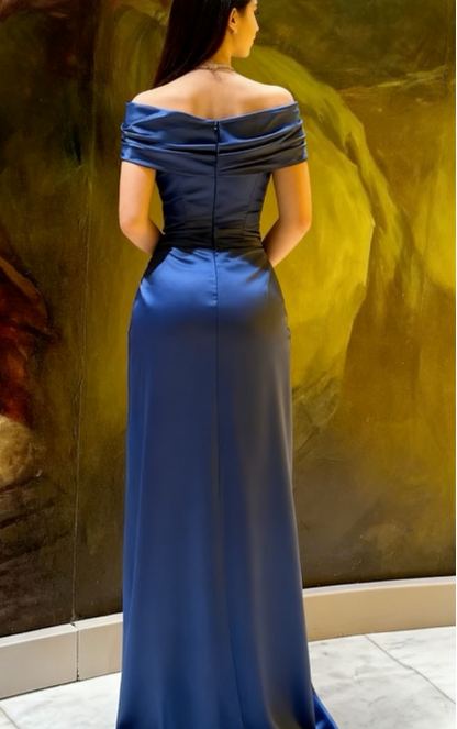 Elegant Sheath Off The Shoulder Navy Blue Satin Prom Dresses Formal Summer Wedding Guest Dresses Wedding Guest Outfits DP2125