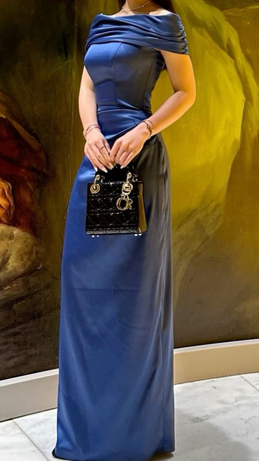Elegantes, schulterfreies, marineblaues Satin-Ballkleid, formelle Sommerkleider für Hochzeitsgäste, Outfits für Hochzeitsgäste, DP2125