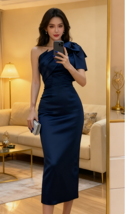 Pretty Mermaid One Shoulder Navy Blue Satin Party Dresses Formal Summer Wedding Guest Dresses Wedding Guest Outfits DP2128
