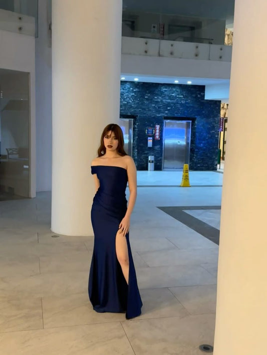 Hübsche Meerjungfrau aus der Schulter Marineblau Schlitz Abend Party Kleider Formale Sommer Hochzeit Gast Kleider Hochzeit Gast Outfits DP2140