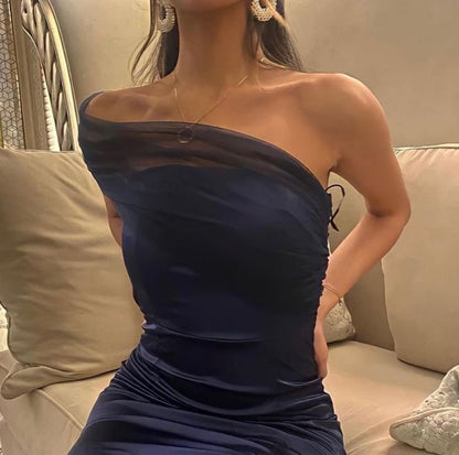 Elegantes Etuikleid mit einer Schulter, marineblau, Schlitz, Satin, Ballkleid, formelles Sommerkleid für Hochzeitsgäste, Outfits für Hochzeitsgäste, DP2154