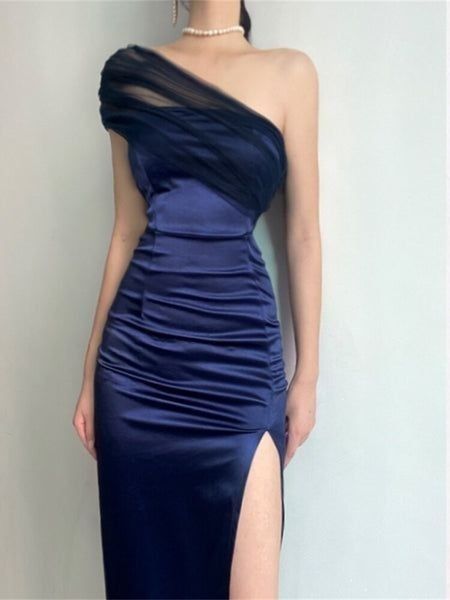 Elegantes Etuikleid mit einer Schulter, marineblau, Schlitz, Satin, Ballkleid, formelles Sommerkleid für Hochzeitsgäste, Outfits für Hochzeitsgäste, DP2154
