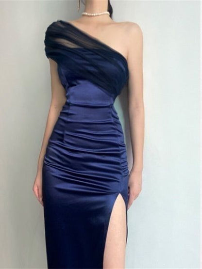Elegantes Etuikleid mit einer Schulter, marineblau, Schlitz, Satin, Ballkleid, formelles Sommerkleid für Hochzeitsgäste, Outfits für Hochzeitsgäste, DP2154
