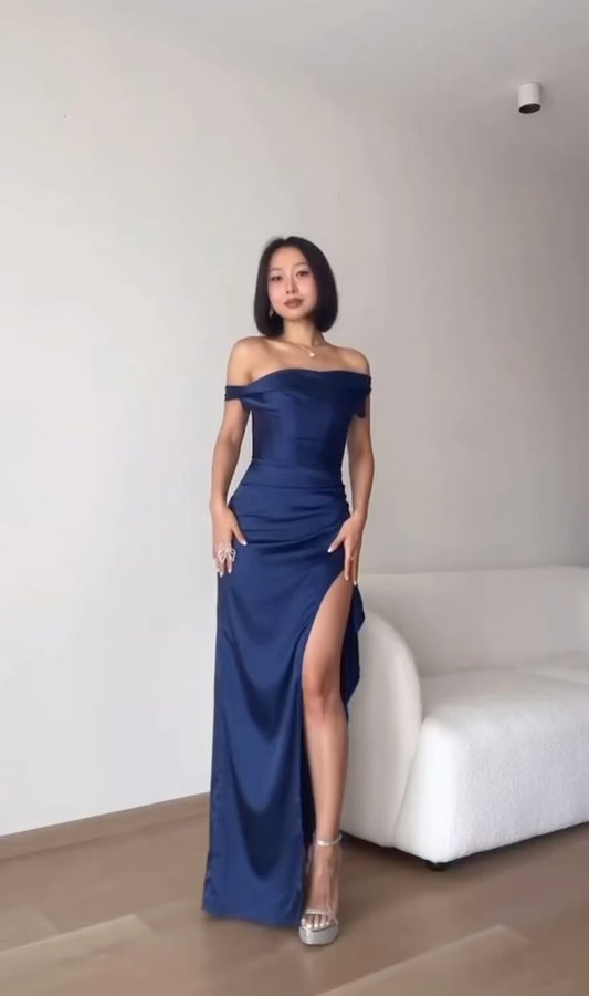 Hübsche Meerjungfrau aus der Schulter Marineblau Split Abend Party Kleider Formale Sommer Hochzeit Gast Kleider Hochzeit Gast Outfits DP2144