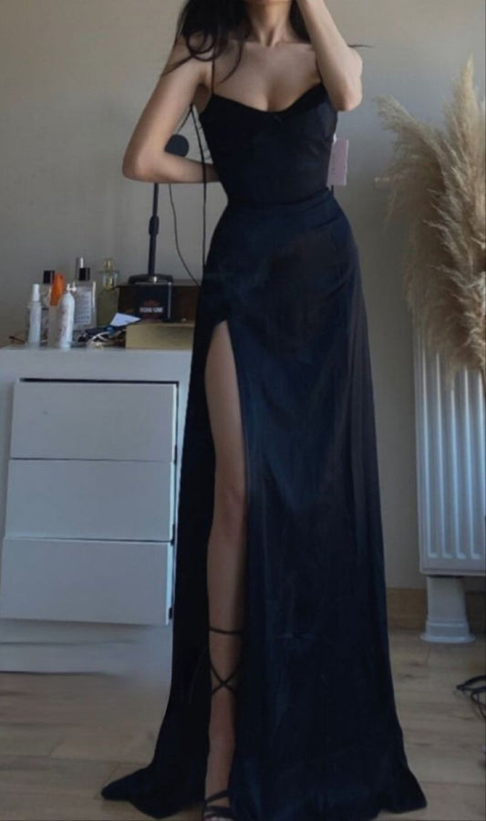 Wunderschönes schwarzes Abendkleid mit Spaghettiträgern und Schlitz in A-Linie, Ballkleider, formelle Sommerkleider für Hochzeitsgäste, Outfits für Hochzeitsgäste, DP2150