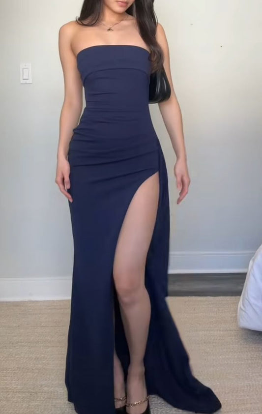 Hübsche Meerjungfrau trägerloses Marineblaues Abendkleid mit Schlitz Formelle Sommerkleider für Hochzeitsgäste Outfits für Hochzeitsgäste DP2152