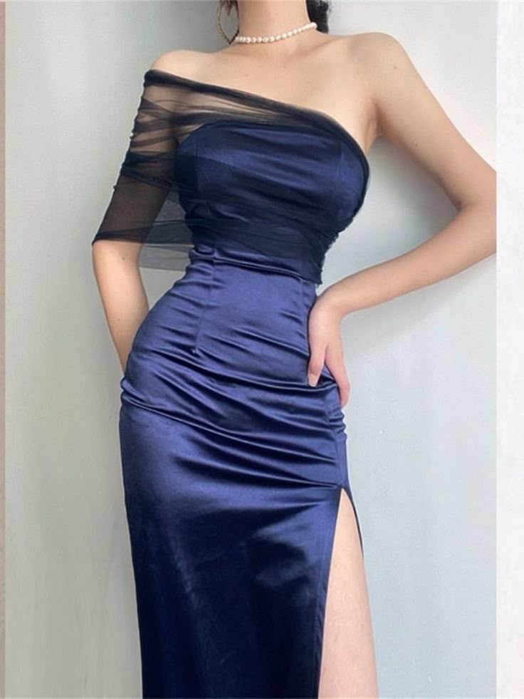 Elegantes Etuikleid mit einer Schulter, marineblau, Schlitz, Satin, Ballkleid, formelles Sommerkleid für Hochzeitsgäste, Outfits für Hochzeitsgäste, DP2154