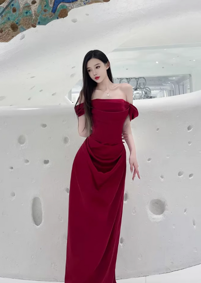 Elegant Mermaid Off The Shoulder Burgundy Satin Prom Dresses Formal Summer Wedding Guest Dresses Wedding Guest Outfits DP2155