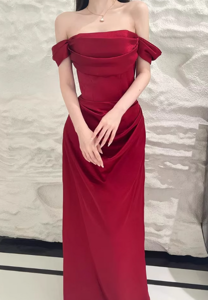 Elegant Mermaid Off The Shoulder Burgundy Satin Prom Dresses Formal Summer Wedding Guest Dresses Wedding Guest Outfits DP2155