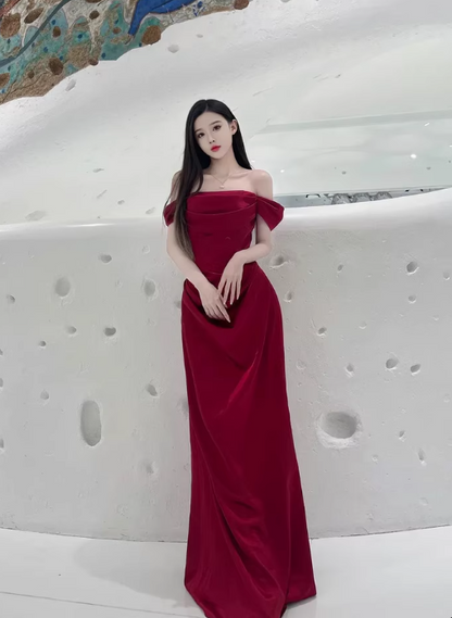 Elegant Mermaid Off The Shoulder Burgundy Satin Prom Dresses Formal Summer Wedding Guest Dresses Wedding Guest Outfits DP2155