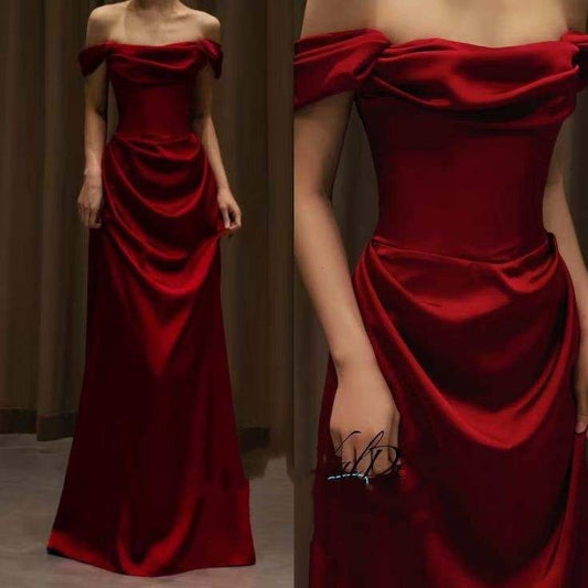 Elegante Meerjungfrau Off The Shoulder Burgund Satin Ballkleider Formale Sommer Hochzeitsgastkleider Hochzeitsgast-Outfits DP2155