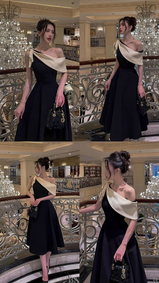 Wunderschönes A-Linien-Ballkleid mit einer Schulter aus schwarzem Satin, formelle Sommerkleider für Hochzeitsgäste, Outfits für Hochzeitsgäste, DP2159
