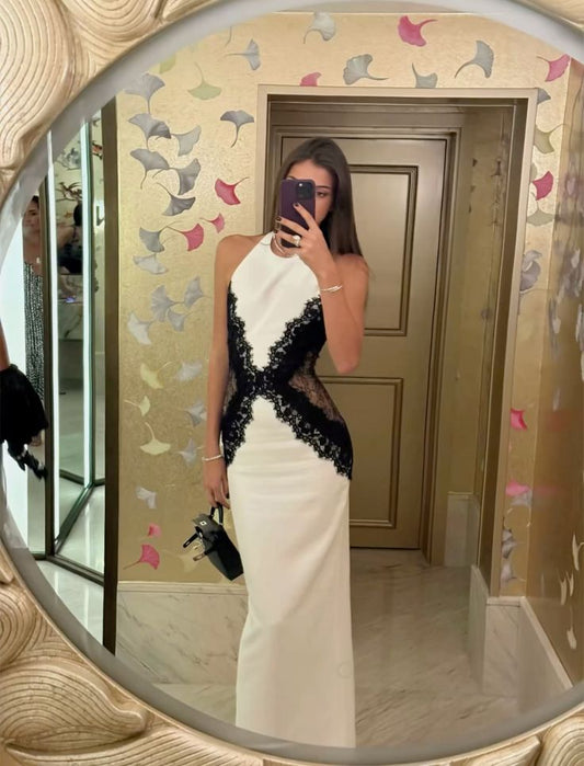 Wunderschönes Etuikleid mit Neckholder, lang, weiß, Party- und Ballkleid, formelle Sommerkleider für Hochzeitsgäste, Outfits für Hochzeitsgäste, DP2167