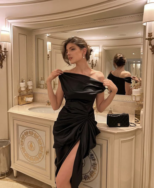 Wunderschönes schulterfreies schwarzes Satin-Ballkleid mit Etuikleid, formelle Sommerkleider für Hochzeitsgäste, Outfits für Hochzeitsgäste, DP2169