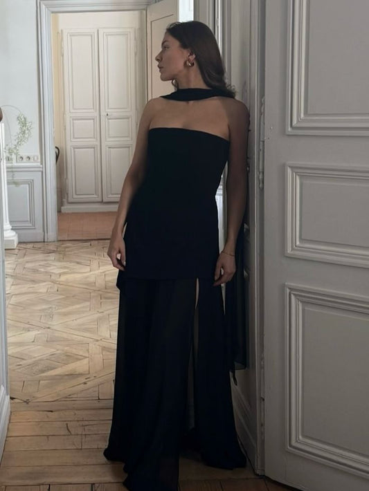 Schlichte A-Linie trägerlose schwarze Satin-Ballkleider mit Schal Formelle Sommer-Hochzeitsgastkleider Hochzeitsgast-Outfits DP2171