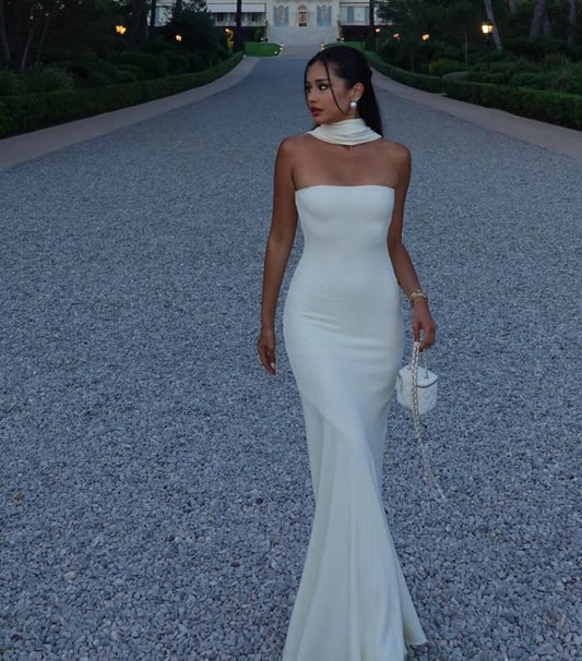 Hübsches Etuikleid, trägerlos, weiß, Abendkleid, formelles Sommerkleid für Hochzeitsgäste mit Schal, Outfits für Hochzeitsgäste, DP2192