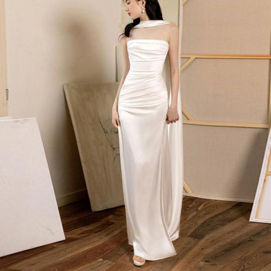 Hübsches Etuikleid, trägerlos, weiß, Abendkleid, formelles Sommerkleid für Hochzeitsgäste mit Schal, Outfits für Hochzeitsgäste, DP2196