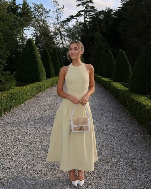 Hübsches A-Linien-Abendkleid mit U-Ausschnitt in Gelb, Abendkleid für Hochzeiten, formelle Sommerkleider für Hochzeitsgäste, Outfits für Hochzeitsgäste, DP2200
