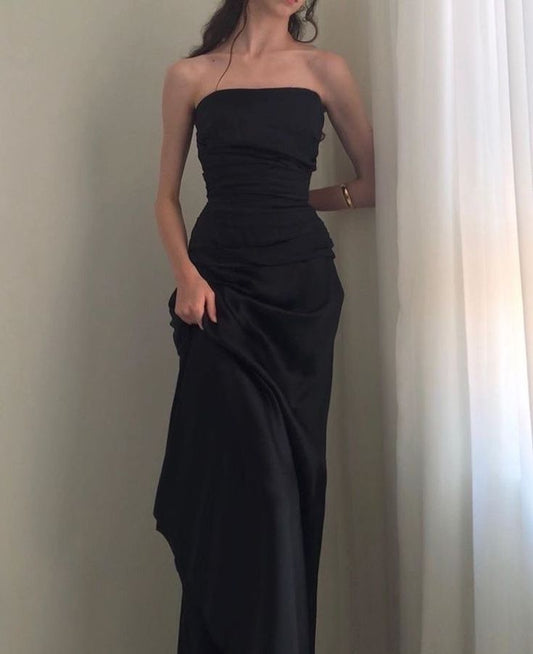 Schlichtes Etuikleid, trägerlos, ärmellos, schwarzes Satin-Ballkleid, formelle Sommerkleider für Hochzeitsgäste, Outfits für Hochzeitsgäste, DP2206