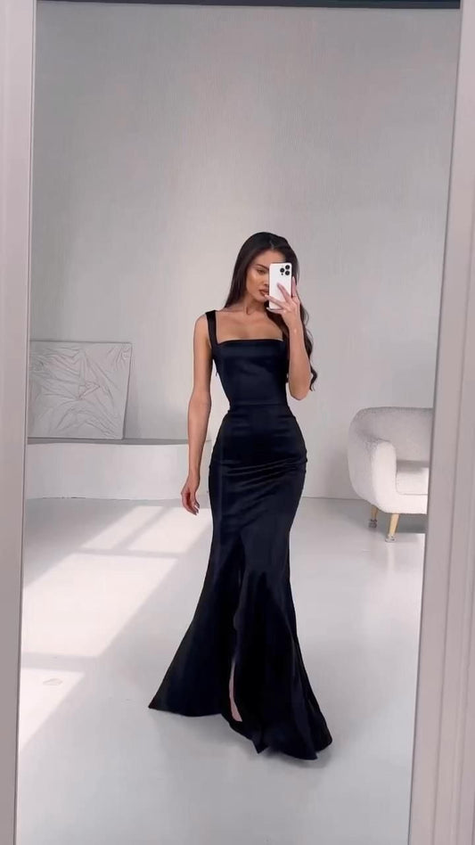Einfache Meerjungfrau Quadratischer Ausschnitt Ärmelloses schwarzes Satin-Ballkleid Formelle Sommer-Hochzeitsgastkleider Hochzeitsgast-Outfits DP2208