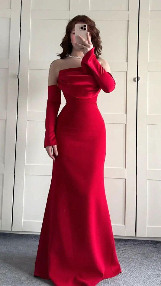 Sexy Meerjungfrau trägerloses ärmelloses rotes Satin-Ballkleid mit Handschuhen formelle Sommer-Hochzeitsgastkleider Hochzeitsgast-Outfits DP2209