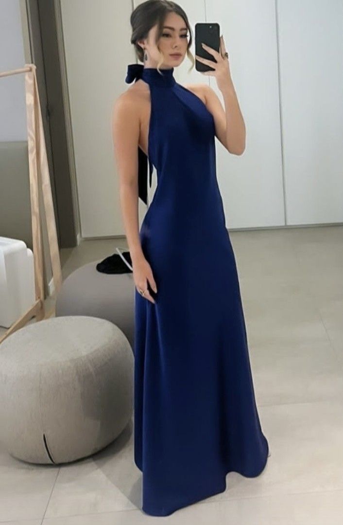 Sexy A-Linie High Neck Royal Blue Satin Ballkleider Formale Sommerkleider für Hochzeitsgäste Outfits für Hochzeitsgäste DP2212