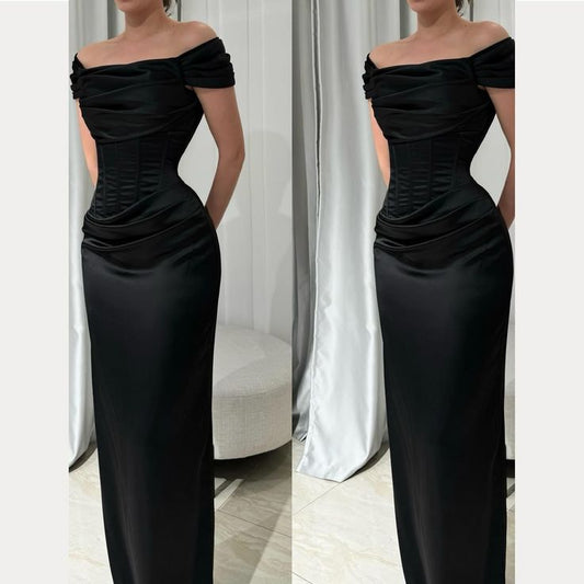 Sexy A-Linie schulterfrei schwarzes Satin-Ballkleid, formelle Sommerkleider für Hochzeitsgäste, Outfits für Hochzeitsgäste, DP2215