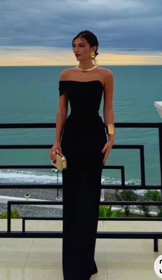 Sexy Etuikleid aus schulterfreiem Marineblau aus Satin, Ballkleider für formelle Sommerhochzeitsgäste, Hochzeitsgast-Outfit, DP2219