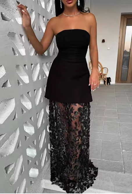 Pretty A line Strapless Black Night Dinner Evening Dresses Formal Summer Wedding Guest Dresses Wedding Guest Outfits DP2221