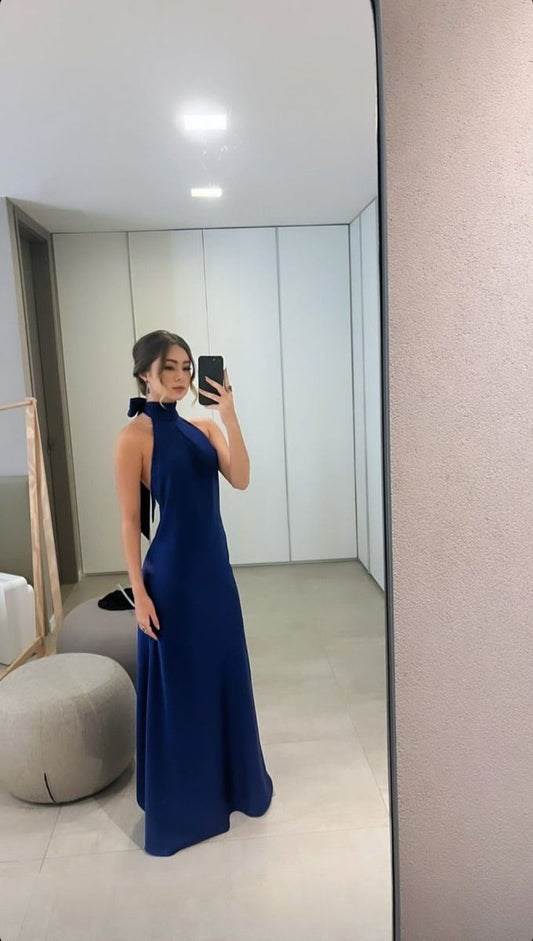 Sexy A-Linie High Neck Royalblau Satin Ballkleider Formale Sommer Hochzeitsgast Kleid Hochzeitsgast Outfits DP2223