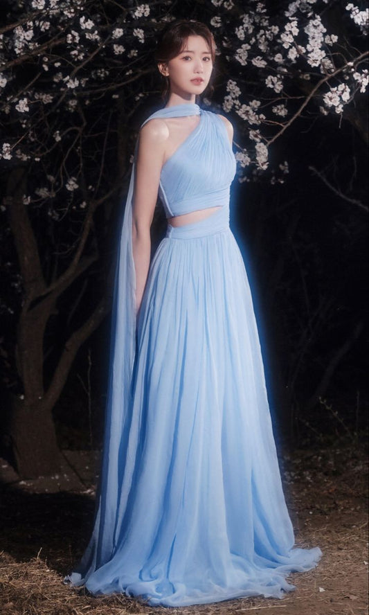 Robe de bal élégante en mousseline de soie bleue, asymétrique, coupe trapèze, tenue d'invitée de mariage d'été formelle, DP2225