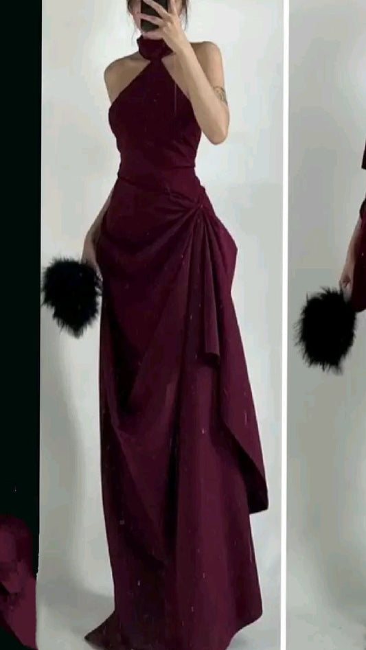 Hübsches A-Linien-Kleid mit hohem Halsausschnitt, Burgunderrot, Chiffon, Abendkleid, formelles Sommerkleid für Hochzeitsgäste, Outfits für Hochzeitsgäste, DP2235