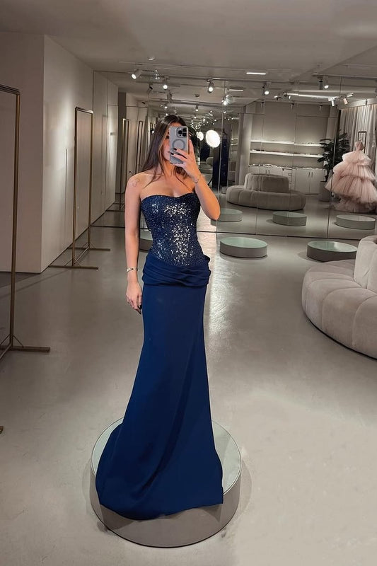 Elegantes Meerjungfrau-Abschlussballkleid in Marineblau mit Pailletten, formelles Sommerkleid für Hochzeitsgäste, Outfits für Hochzeitsgäste, DP2239