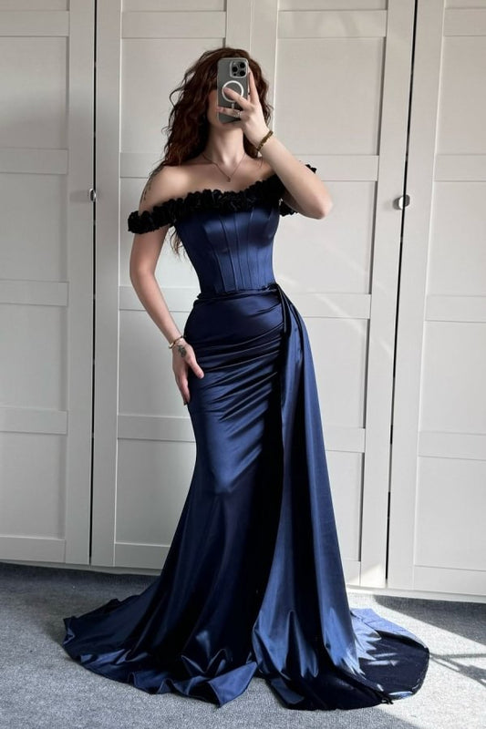 Sexy Meerjungfrau-Kleid mit schulterfreiem, marineblauem Satin, formelle Sommerkleider für Hochzeitsgäste, Outfits für Hochzeitsgäste, DP2240