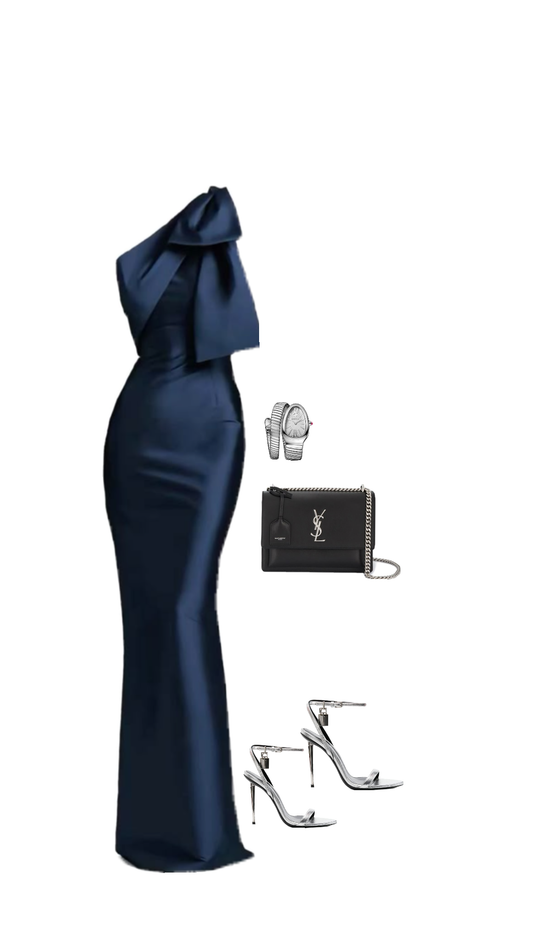 Elegantes Meerjungfrau-Abendkleid in Marineblau mit einer Schulter aus Satin, formelles Sommerkleid für Hochzeitsgäste, Outfits für Hochzeitsgäste, DP2244