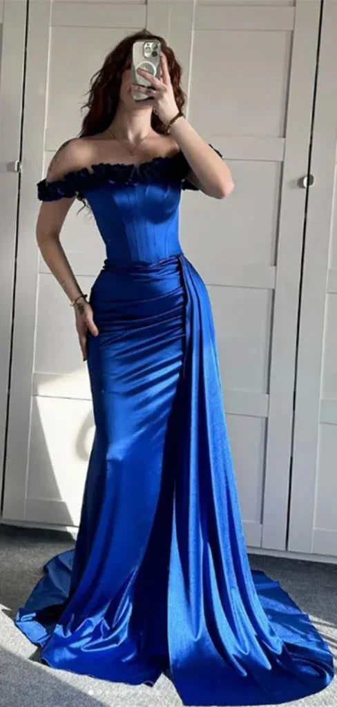 Sexy Meerjungfrau Off The Shoulder Royal Blue Satin Ballkleider Formale Sommer Hochzeitsgastkleider Hochzeitsgast-Outfits DP2247