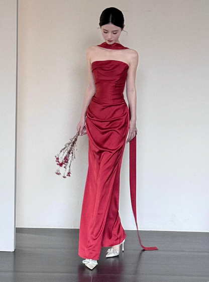 Superbe robe fourreau bustier bordeaux en satin, tenue de soirée d'été pour invité de mariage, avec foulard, DP2249