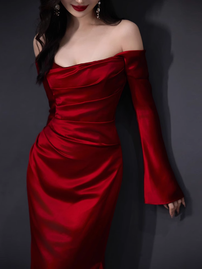 Elegante Meerjungfrau Off The Shoulder Burgund Satin Ballkleider Formale Sommer Hochzeitsgastkleider Hochzeitsgast-Outfits DP2255