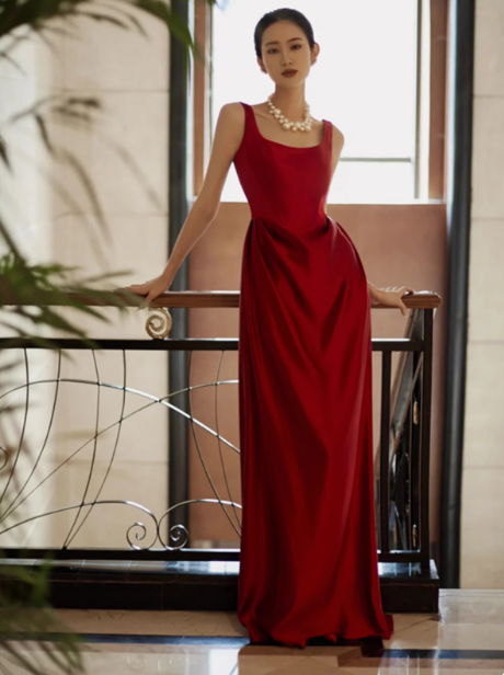Elegantes Etuikleid mit quadratischem Ausschnitt, rotes Satin, Ballkleid für Hochzeitsgäste, Sommerkleider, Outfits für Hochzeitsgäste, DP2264