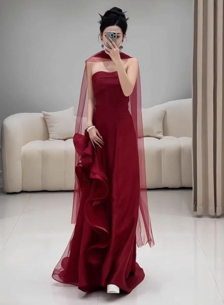 Wunderschönes Etuikleid, trägerlos, Burgunderrot, Satin, Ballkleid, formelles Sommerkleid für Hochzeitsgäste, Outfits für Hochzeitsgäste mit Schal, DP2267