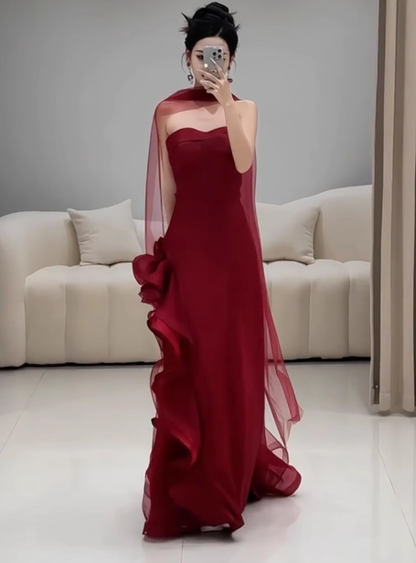 Wunderschönes Etuikleid, trägerlos, Burgunderrot, Satin, Ballkleid, formelles Sommerkleid für Hochzeitsgäste, Outfits für Hochzeitsgäste mit Schal, DP2267