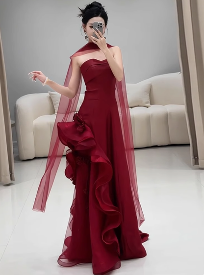 Wunderschönes Etuikleid, trägerlos, Burgunderrot, Satin, Ballkleid, formelles Sommerkleid für Hochzeitsgäste, Outfits für Hochzeitsgäste mit Schal, DP2267