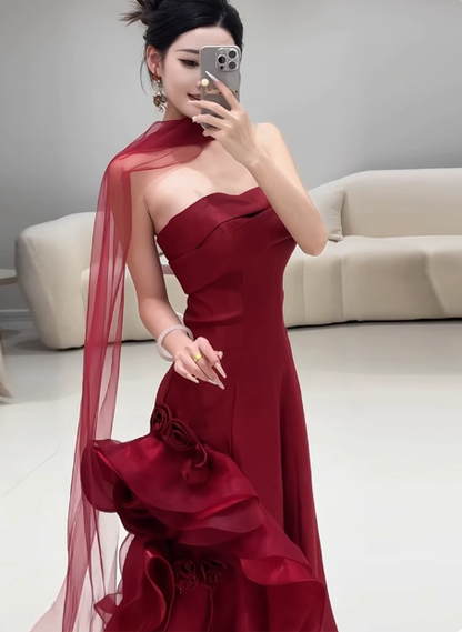Wunderschönes Etuikleid, trägerlos, Burgunderrot, Satin, Ballkleid, formelles Sommerkleid für Hochzeitsgäste, Outfits für Hochzeitsgäste mit Schal, DP2267