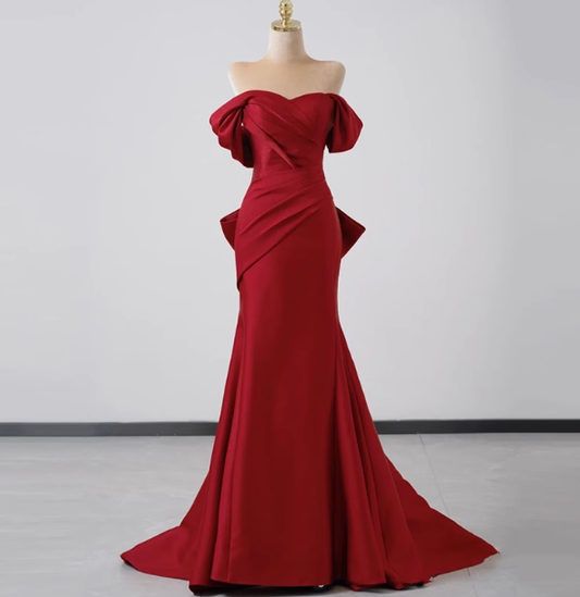 Elegante Meerjungfrau Off The Shoulder Red Satin Ballkleider Formale Sommer Hochzeitsgastkleider Hochzeitsgast-Outfits DP2275