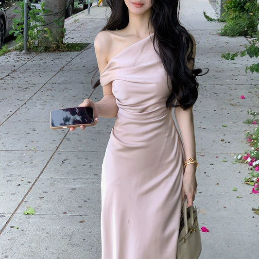 Sexy Etuikleid mit einer Schulter, rosa Satin, Ballkleider, formelle Sommerkleider für Hochzeitsgäste, Outfits für Hochzeitsgäste, DP2282