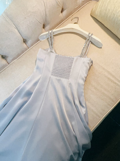 Edle A-Linie Träger Staubblau Satin Ballkleider Formelle Sommer Hochzeitsgastkleider Hochzeitsgast-Outfit DP2285
