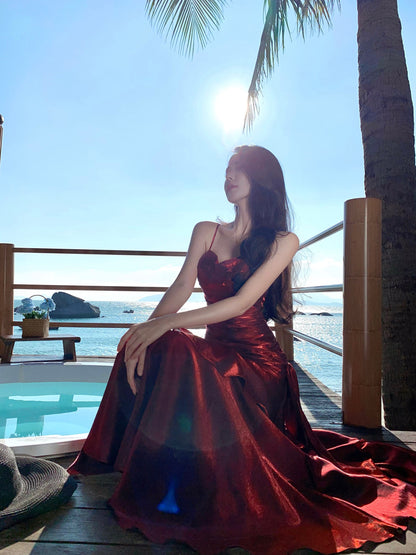 Elegant Mermaid Spaghetti Straps Sleeveless Burgundy Long Evening Dress Prom Dresses DP228